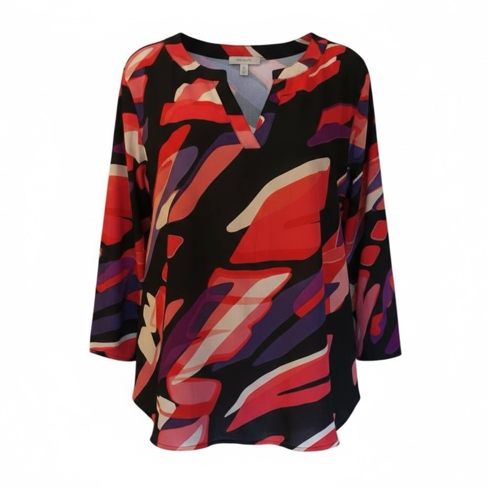 Women's Abstract Print Top Black Red Purple White Split Neck Size L